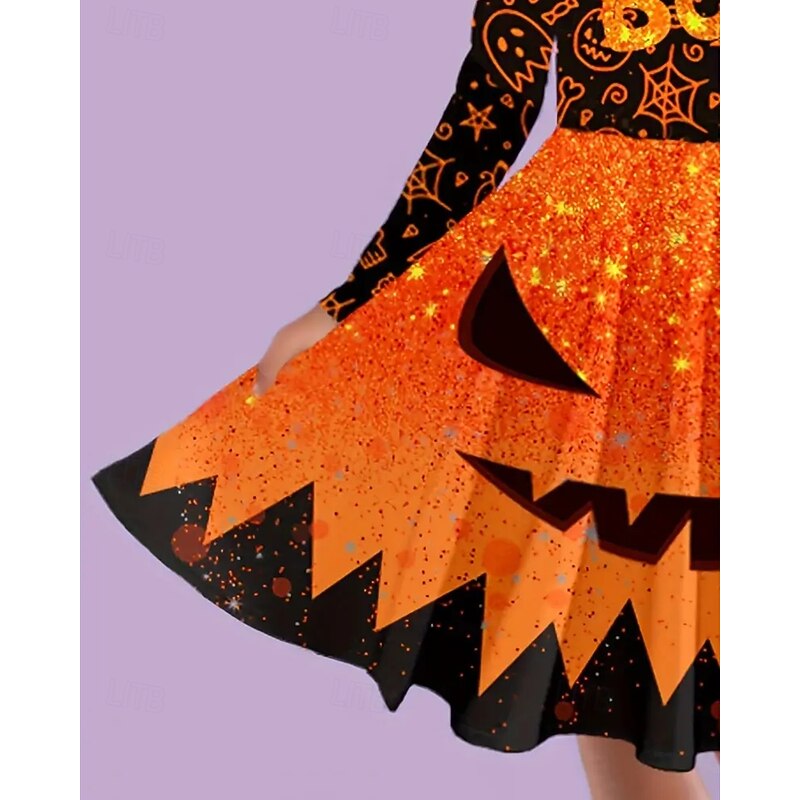 Halloween Girls' 3D Ghost Dress Long Sleeve Summer Spring Vacation Daily Holiday Princess Beautiful Sweet Kids 4-12 Years Casual Dress A Line Dress Knee-length Regular Fit4