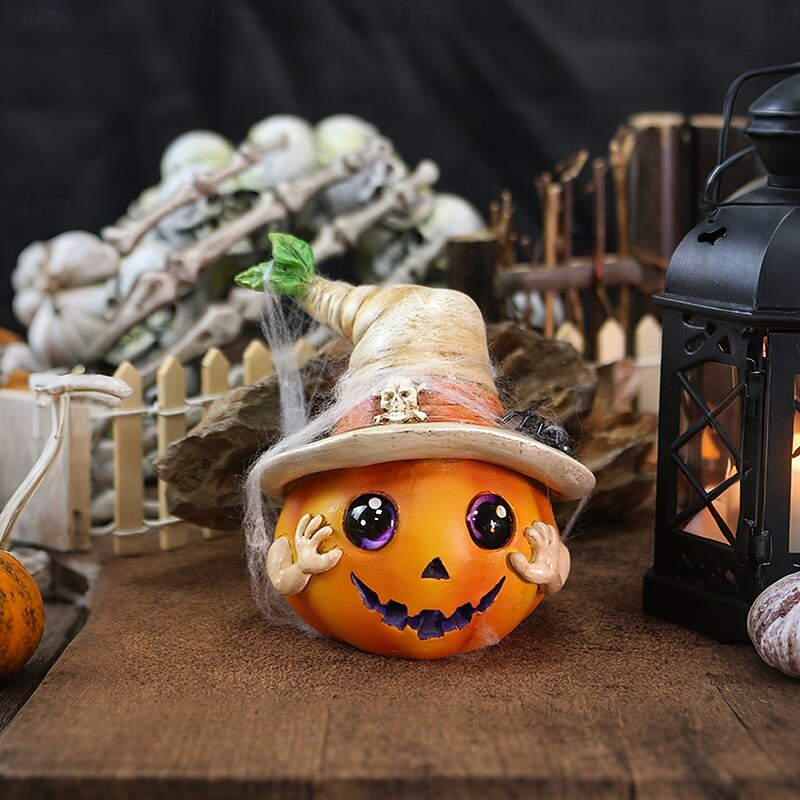 Halloween Pumpkin with Hat Resin Figurine, Outdoor Yard Planter and Indoor Desktop Decoration, Spooky Halloween Home Decor Ornament