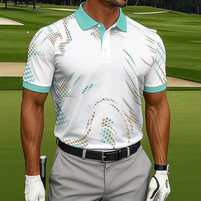Men's Geometic Golf Polo Sports Polo Shirts Short Sleeve Polo Shirts Sportswear Athleisure Daily Wear 3D Print Buttons Spring Fall White Brown Green3