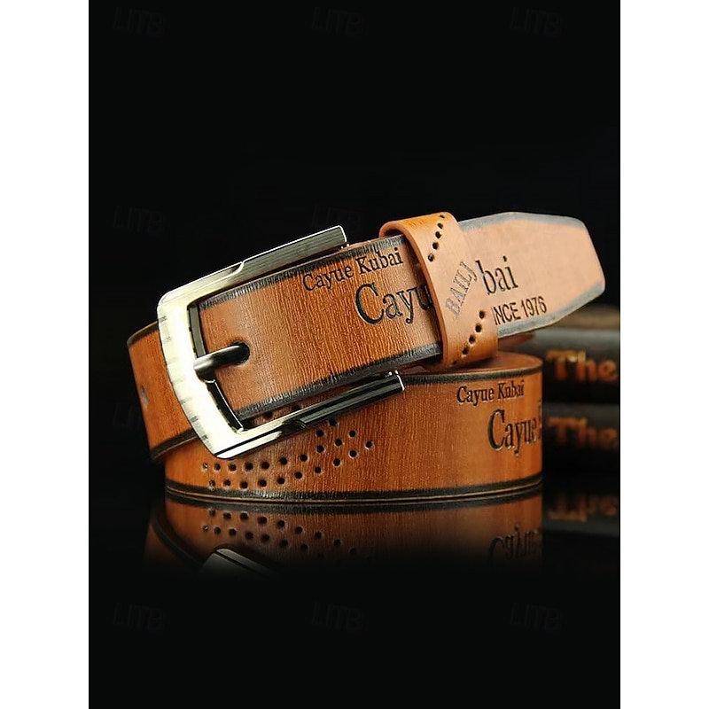 Men's Vintage Faux Leather Casual Belt - Stylish Perforated Design with Brushed Metal Buckle - Perfect for Everyday Wear and Jeans, Adjustable 43.31 Inch