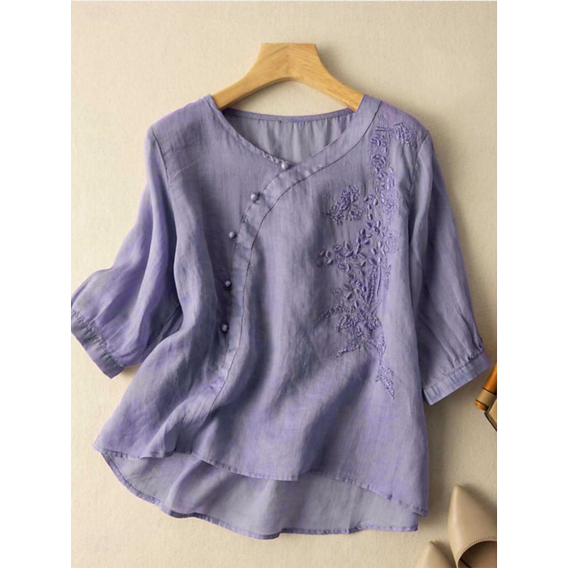 Women's Shirt Blouse Cotton Linen Shirts Solid Color Stylish Casual 3/4 Length Sleeve Crew Neck Regular Tops Daily Embroidered Buttons Yellow Red Purple Green Summer Spring