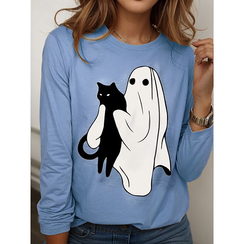 Halloween Women's T shirt Ghost Crew Neck Long Sleeve Tunic Graphic Cat Vintage Stylish Classic Round Neck Regular Tops Daily Weekend Print Pink Blue Purple Green Khaki Spring Fall2