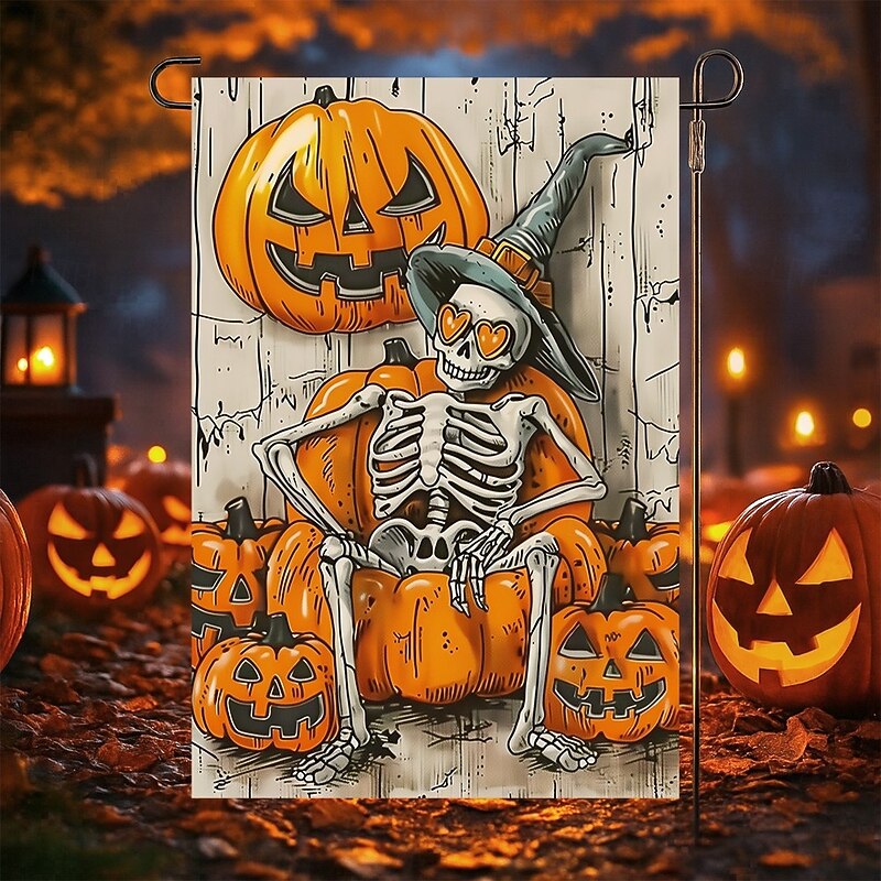 Halloween Garden Flag Banner – Skeletal Sitting with Pumpkins Summerween Scene, Double-Sided Weather-Resistant Yard Flag for 2025 Halloween Holiday Outdoor Lawn, Porch Decoration4