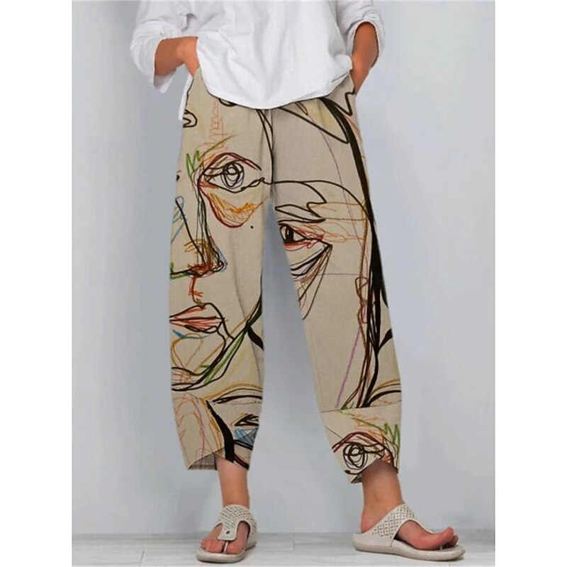 Women's Slacks Vacation Vintage Ethnic Style Ankle-Length High Waist Graphic Animal Cat Elastic Waistband Comfy Breathability Soft Inelastic Outdoor Street Daily Black Brown Summer Spring Loose Fit2