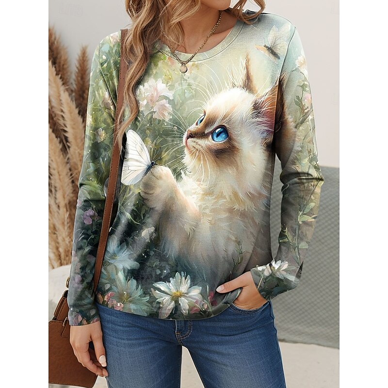 Women's T shirt Crew Neck Long Sleeve Tunic Floral Graphic Cat Vintage Stylish Classic  Round Neck Regular Tops Daily Weekend Print Green Spring Fall