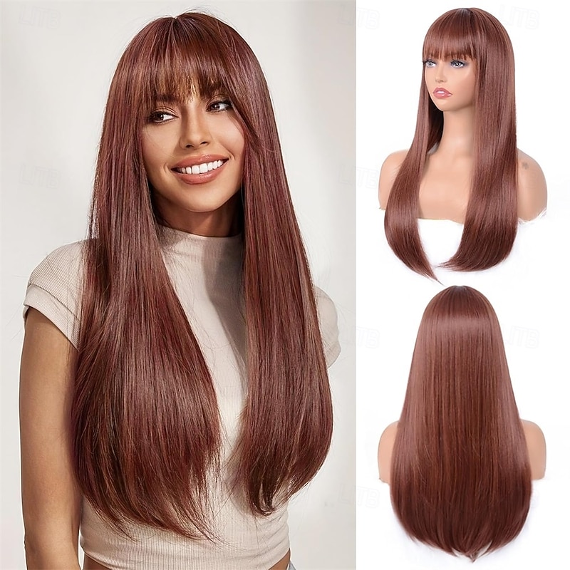 Brown Wig With Bangs For Women Long Straight Brown wig Heat Resistant Synthetic Wig for Girls Daily Use Party Halloween Cosplay Wig 24inch