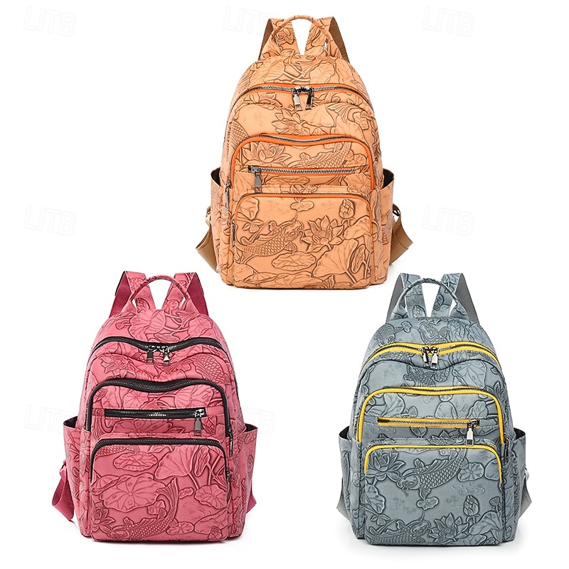 Faux Leather Backpack with Embossed Koi & Lotus Design – Boho Aesthetic School Bag for Teens & Art Lovers2