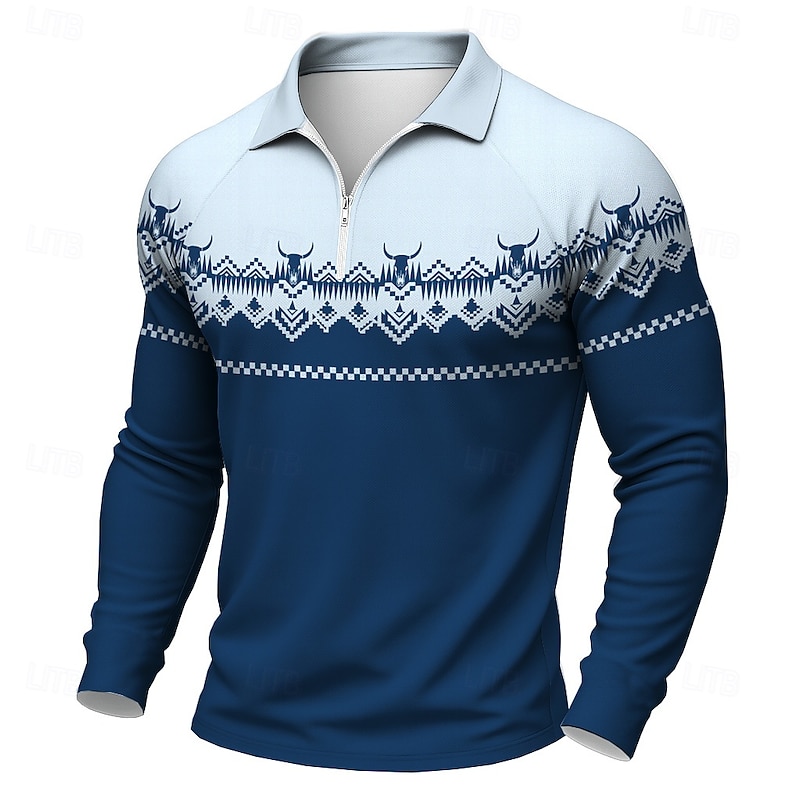 Men's Graphic Western Wear Polo Long Sleeve Polo Shirts Casual Western Style Outdoor Daily Wear 3D Print Quarter Zip Polo Spring Fall Winter Black Blue Brown2