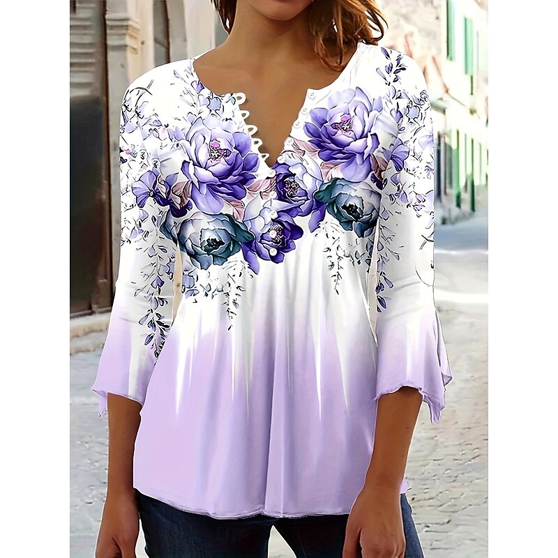 Women's Blouse V Neck Ombre Floral Graphic Elegant Stylish Casual 3/4 Length Sleeve Regular Tops Daily Going out Buttons Pink Blue Purple Summer Spring Fall