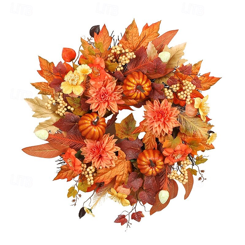 1pc, Classic Autumn Harvest Wreath for Front Door - Vibrant Faux Pumpkin, Maple Leaves & Pinecones, Perfect for Halloween & Thanksgiving Decor, Easy-to-Hang, No Power Required, Fall Decorations3
