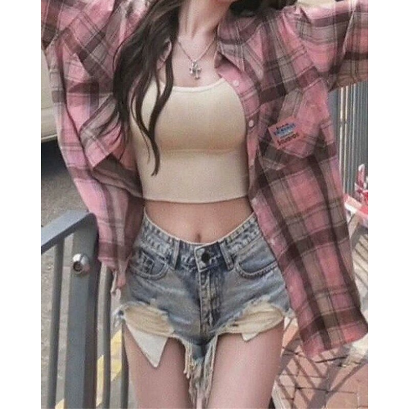 Women's Shirt Plaid Daily Stylish Basic Long Sleeve Shirt Collar Regular Tops Work Daily Holiday Buttons Yellow Pink Blue Spring Fall2