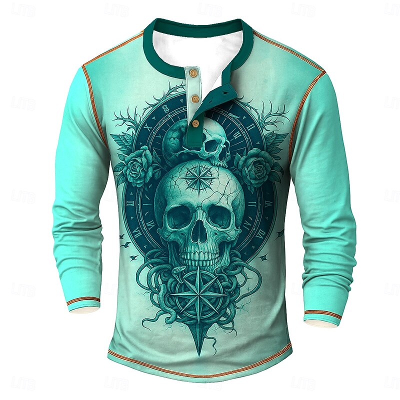 Men's Halloween Graphic Skull Cool Skulls Henley Shirt Tee Long Sleeve Vintage Fashion Designer Outdoor Casual Daily Fall Spring &  Fall Blue Green khaki Beige Henley Henley T-Shirt4