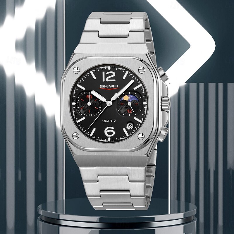 SKMEI Women Men Quartz Watch Luxury Outdoor Fashion Business Moon phase Luminous Calendar Chronograph Stainless Steel Strap Watch4