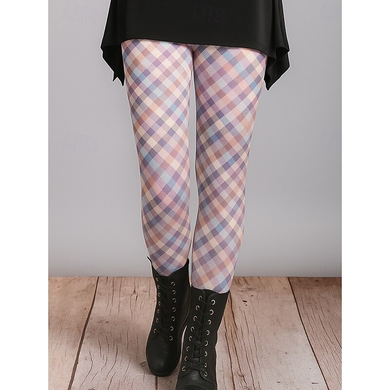 Women's Leggings Vacation Vintage Ethnic Style Ankle-Length High Waist Graphic Plaid Checkered 3D Print Quick Dry Breathability Soft Stretchy Outdoor Home Causal Pink Red Blue Green Fall Slim Fit2