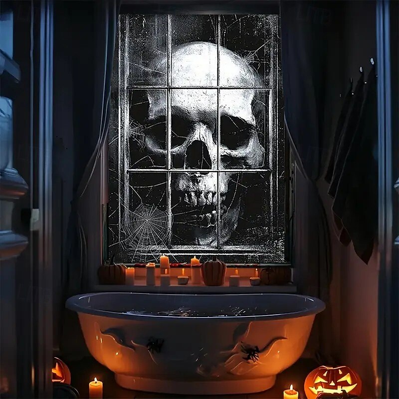 Halloween Window Curtain Giant Skull Behind Broken Glass, Creepy , Scary Door Cover, Window cover, Wall Tapestry for 2025 Halloween Spooky Home Decoration2