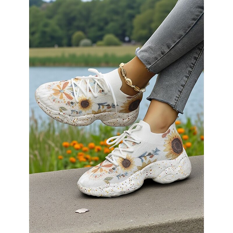 Women's Floral Flyknit Sneakers with Butterfly Print – Lightweight Breathable Casual Shoes for Gardening, Walks, Running and Fitness