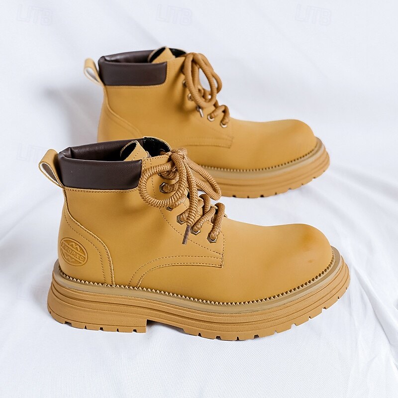 Men's Tan Faux Leather Work Boots – Casual Lace-Up Outdoor Ankle Shoes for Construction, Hiking & Daily Use3