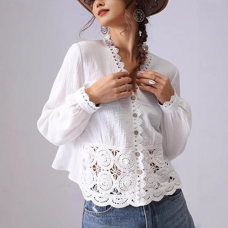 Women's 100% Cotton Shirt Plain Elegant Bohemia Vintage Long Sleeve V Neck Regular Tops Daily Holiday Going out Lace Off-white-WHITE Summer Spring Fall