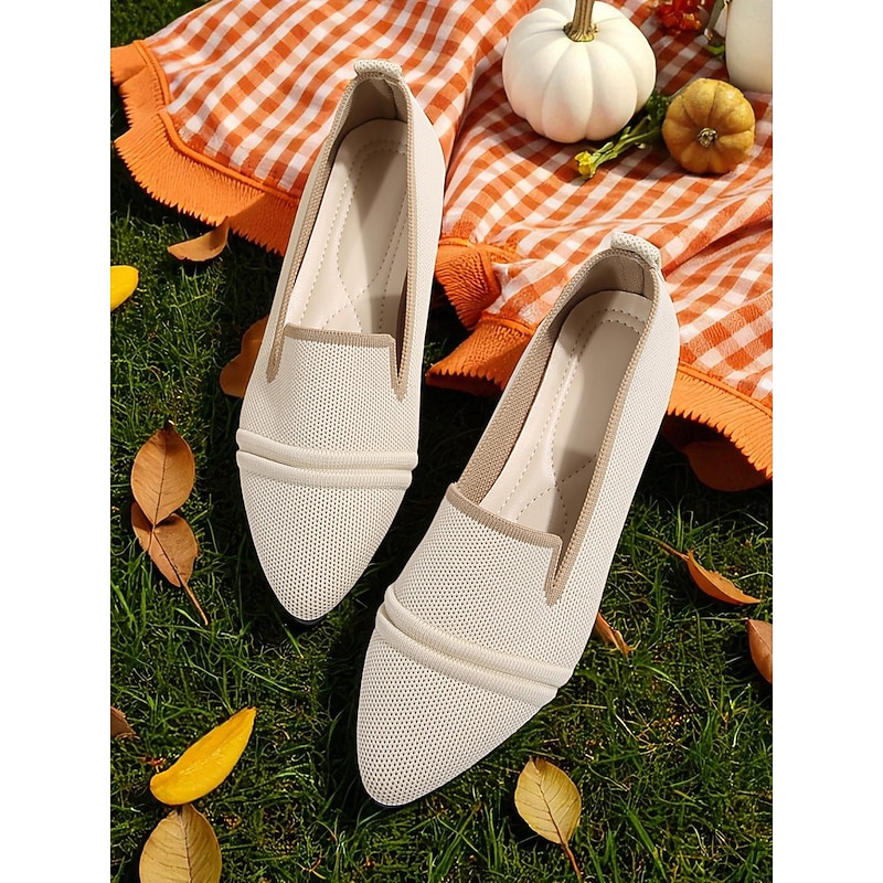 Women's Beige Flyknit Flats with Pointed Toe – Lightweight Casual Slip-On Flats for Fall Picnics, Pumpkin Patches and Weekend Coffee Runs4