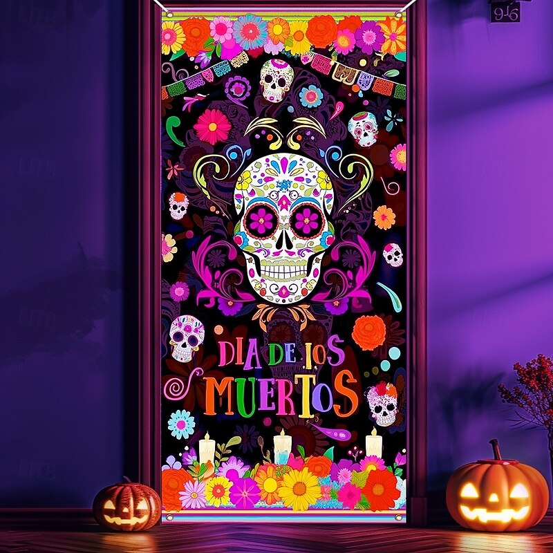 Halloween Door Cover Neon Sugar Skull Día de los Muertos Banner, Glowing Blacklight Entrance Decoration for Outdoor & Indoor 2025 Halloween Bedroom, Living Room, Bathroom2