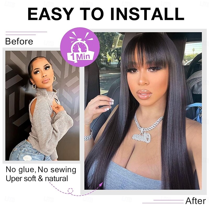Straight Human Hair Wigs with Bangs Brazilian Virgin None Lace Front Wigs Glueless Machine Made Wigs for Black Women Natural Color4
