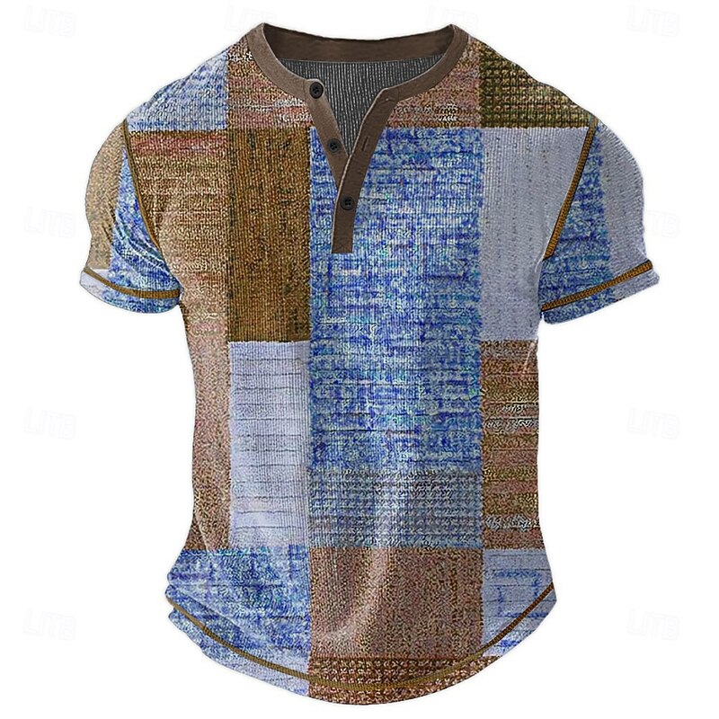 Men's Geometric Henley Shirt Waffle T Shirt Short Sleeve Daily Retro Vintage Classic Sports Outdoor Casual Holiday Spring & Summer All Seasons Dark Brown Green Blue Khaki Henley Henley T-Shirt2