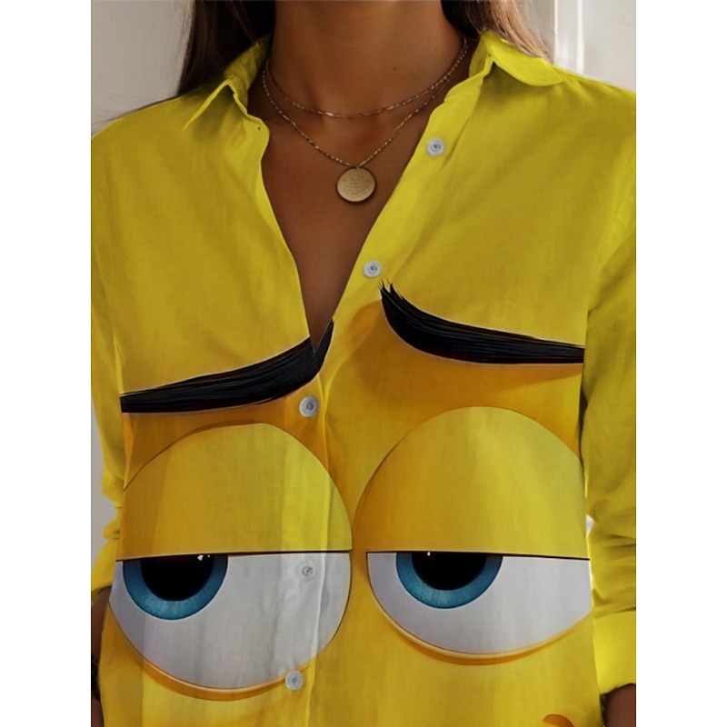 Women's Cartoon Funny Smile Face Shirt Active Daily Stylish Long Sleeve Shirt Collar Regular Tops Daily Holiday Buttons Print Yellow Spring Fall2