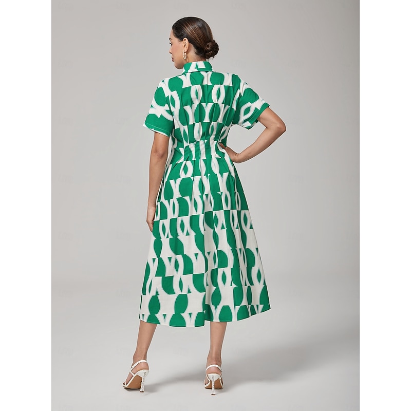 Vintage Green Geometric Pleated Shirt Dress3