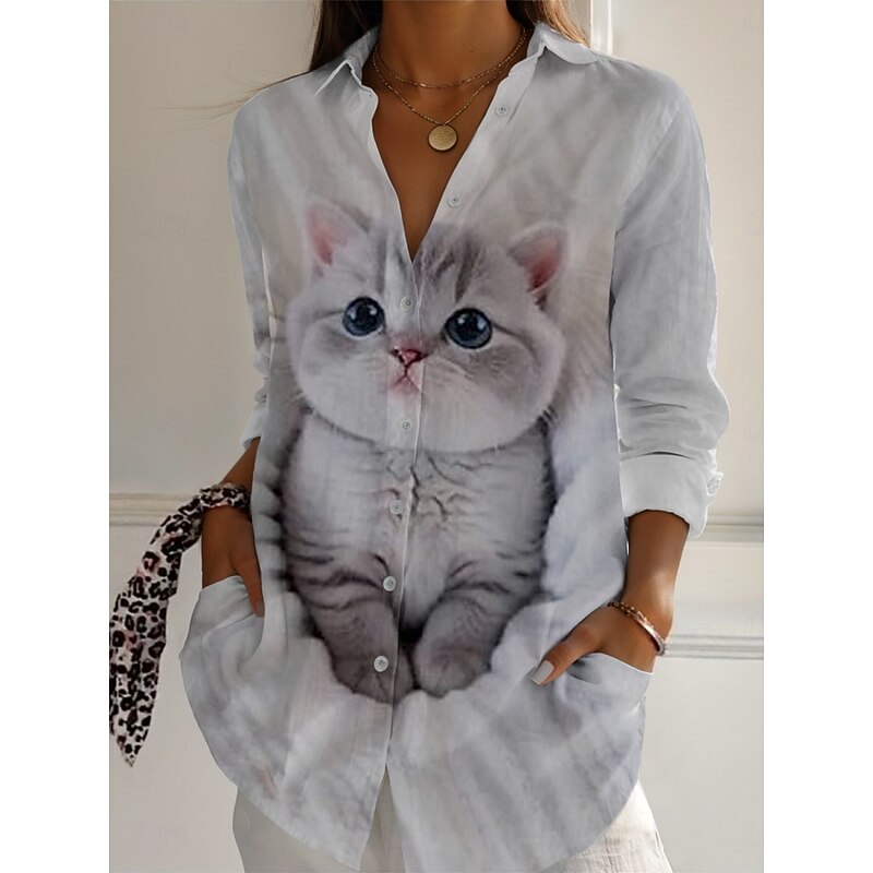 Women's Shirt Cat Active Daily Stylish Long Sleeve Shirt Collar Regular Tops Daily Holiday Buttons Print Gray Spring Fall
