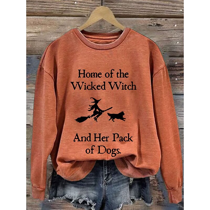 Halloween Women's Sweatshirts Witch Graphic Letter Casual Long Sleeve Crew Neck Regular Tops Street Dailywear Casual Print Black White Orange Green Fall Winter