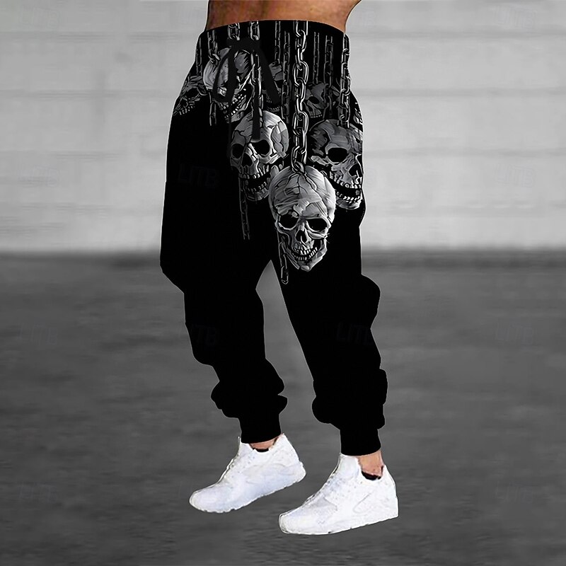 Men's Cool Skulls Chains Print Halloween Costumes Sweatpants Joggers Trousers Mid Waist Drawstring Elastic Waist Dark Gothic Style Jogging Streetwear Workout Athletic Sweatpants with Pockets Spring2