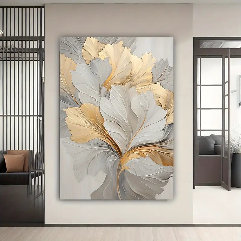 One Piece Frameless Gold Floral Canvas Wall Art Modern Abstract Flower Print Elegant Home Decor Suitable For Living Room And Bedroom Frameless