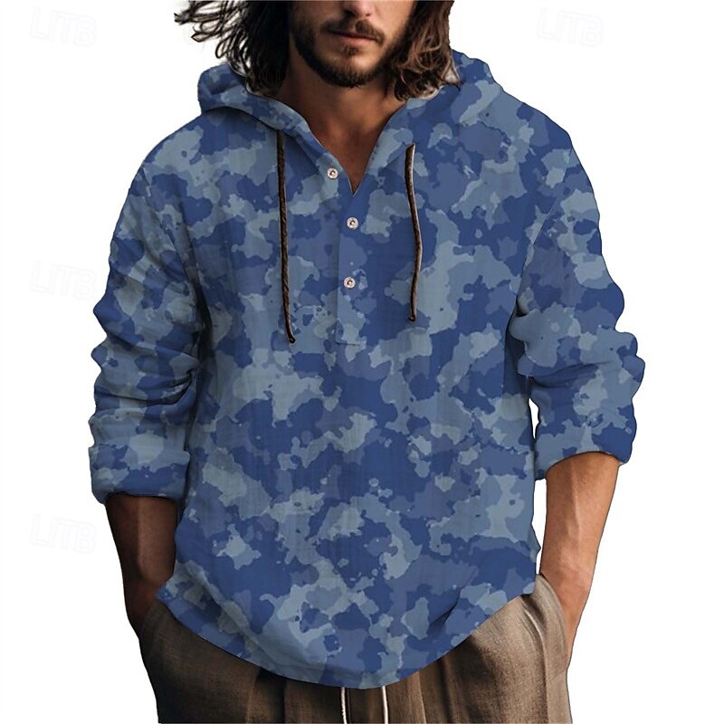 Men's Shirt Popover Shirt Summer Shirt Casual Shirt Beach Shirt Royal Blue Blue Army Green Long Sleeve Camouflage Hooded Vacation Holiday Drawstring Clothing Apparel Polyester Fashion Casual2