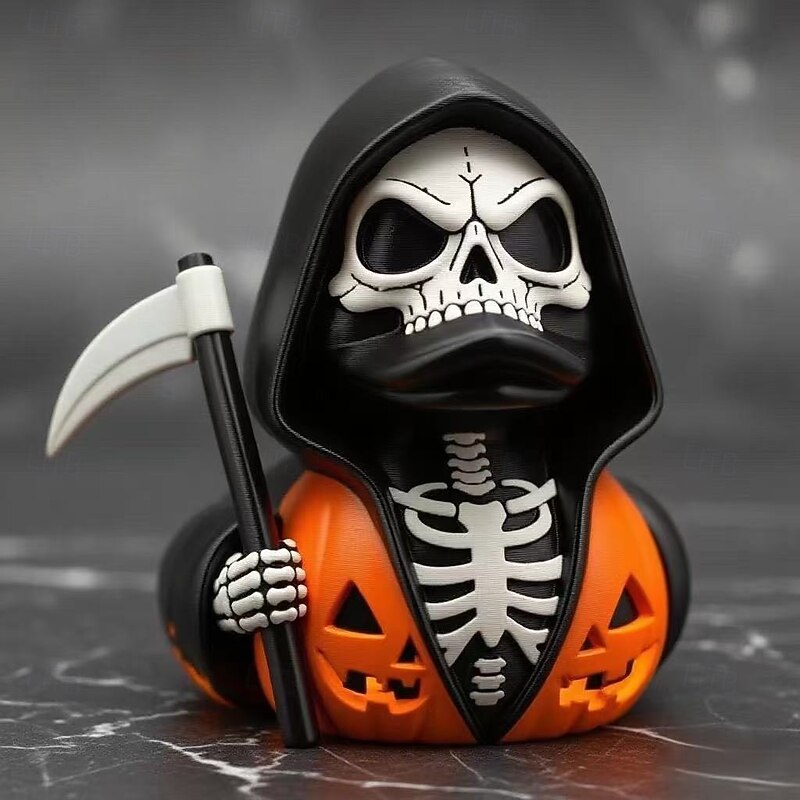 Halloween Death Scythe Duck Resin Figurine, Grim Reaper Duck Statue with Dragon Details, Gothic Fantasy Duck Ornament for Spooky Home or Party Decor