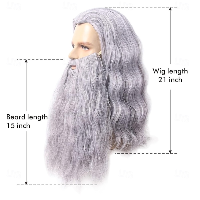 Old Man Costume Wizard Gandalf Beard and Wig set Jesus Fake Gray Long Synthetic Hair Wigs Halloween Beards2