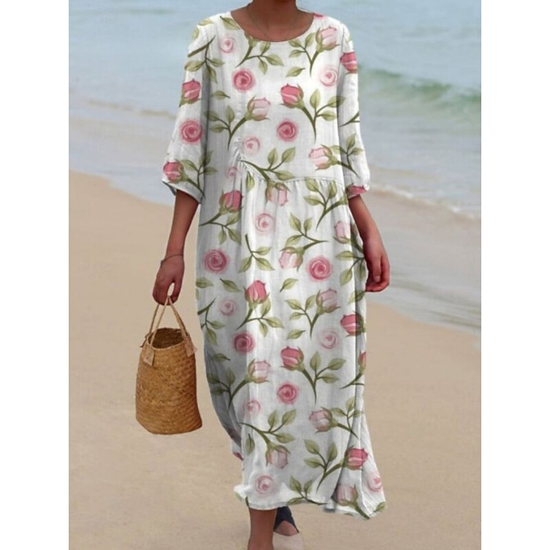 Women's Midi Dress Casual Dress Print Dress Fashion Modern Daily Beach Weekend Regular Fit Floral 3/4 Length Sleeve Crew Neck White Fuchsia Khaki Apricot Spring Fall Autumn2