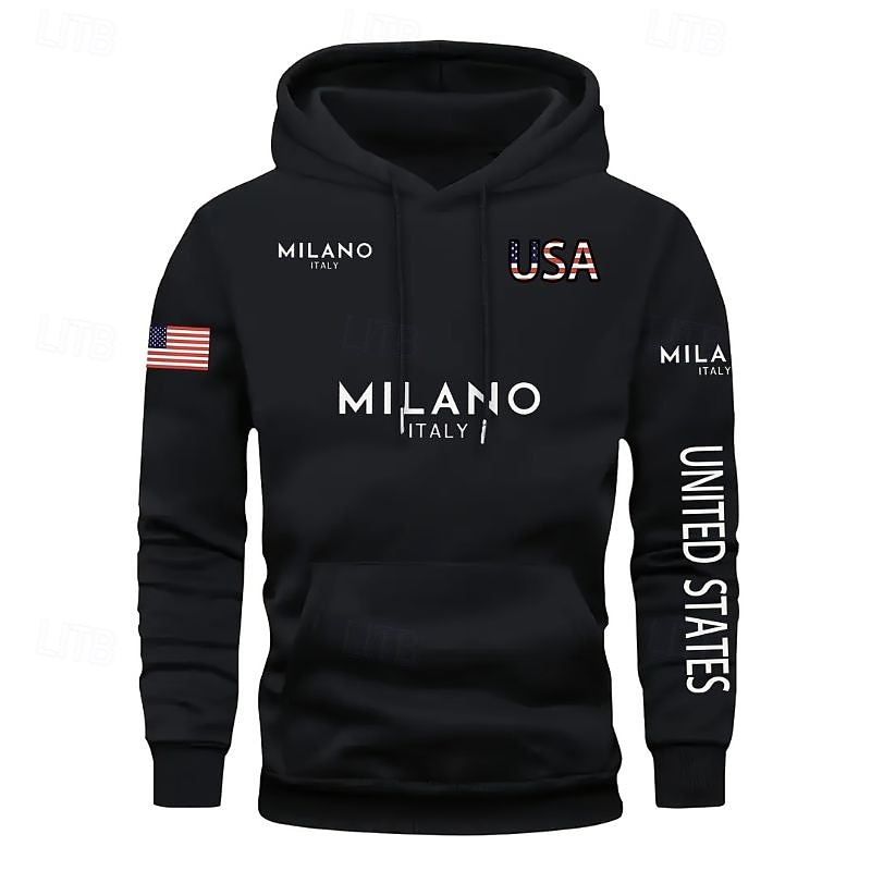 Men's Hoodie Black Red Blue Green Hooded American Flag Pocket Drawstring Front Pocket Sports & Outdoor Daily Holiday Polyester Streetwear Graphic Casual Fall Winter Clothing Apparel Hoodies
