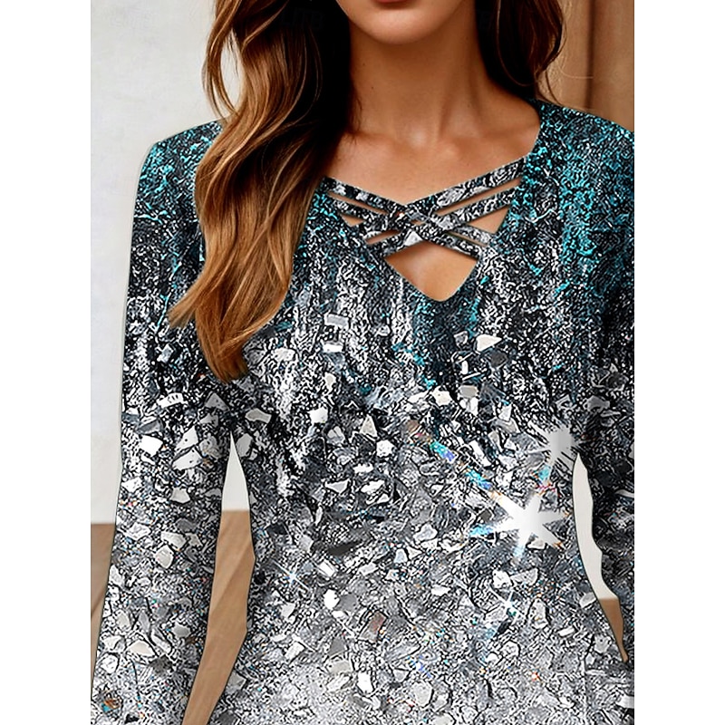 Women's T Shirt Ombre Graphic Abstract Vintage Stylish Classic Long Sleeve V Neck Regular Tops Daily Cut Out Print Dark Gray Spring Fall Winter2