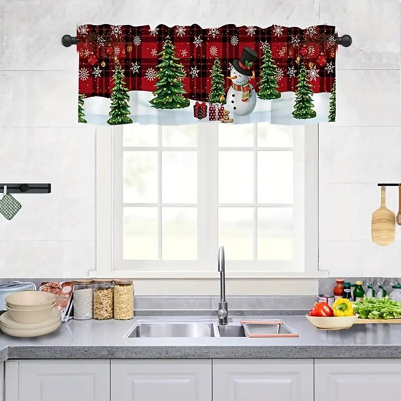 1 Piece Of Christmas Kitchen Short Curtain - Featuring A Festive Snowman And Checkered Design With A Semi Transparent Farmhouse Style And Pole Pockets Suitable For Decorating Living Rooms Bedrooms Bathr3