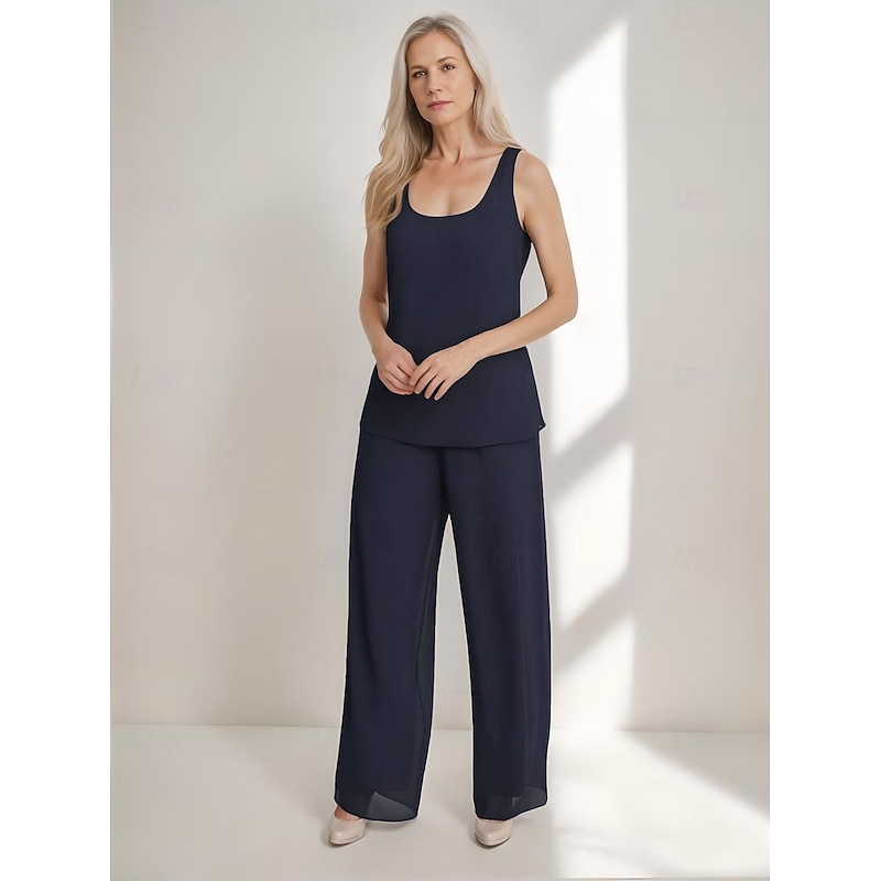 3 Piece Mother of the Bride Pantsuits Elegant Simple Luxurious Square Neck Floor Length Chiffon 3/4 Length Gathered Sleeve with Crystals Cascading Ruffles3