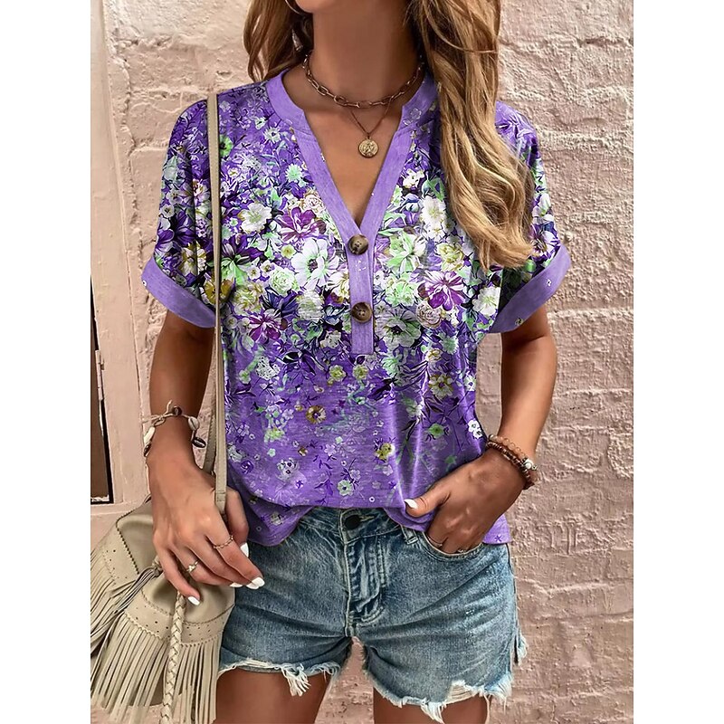 Women's T Shirt Floral Graphic Plants Vintage Stylish Classic Short Sleeve V Neck Notched Neck Regular Tops Daily Going out Weekend Print Red Blue Purple Orange Green Summer Spring3