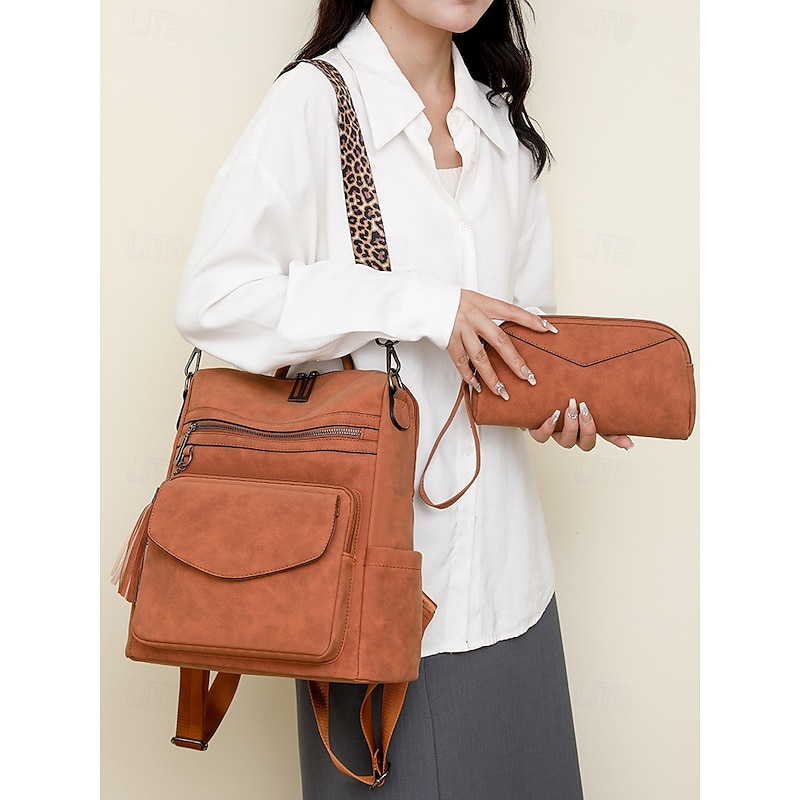 Women's Leopard Print Faux Leather Backpack Wallet Set of Two - Convertible Shoulder Bag with Tassels for Daily School, Travel and Shopping2