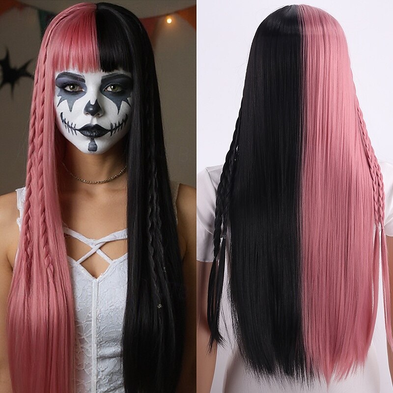 Pink and Black Long Straight Wig for Women – Full Head Cap, Realistic Model Wig, Perfect for Halloween Cosplay, Fashion, and Daily Wear