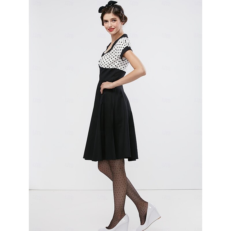 Vintage 1950s Grease Outfits Rockabilly Midi Dress A Line Dress Flare Dress Polka dots A-Line V Neck Fancy Dress Women's Valentine's Day Vacation Party Retro Adults' Dress Spring4