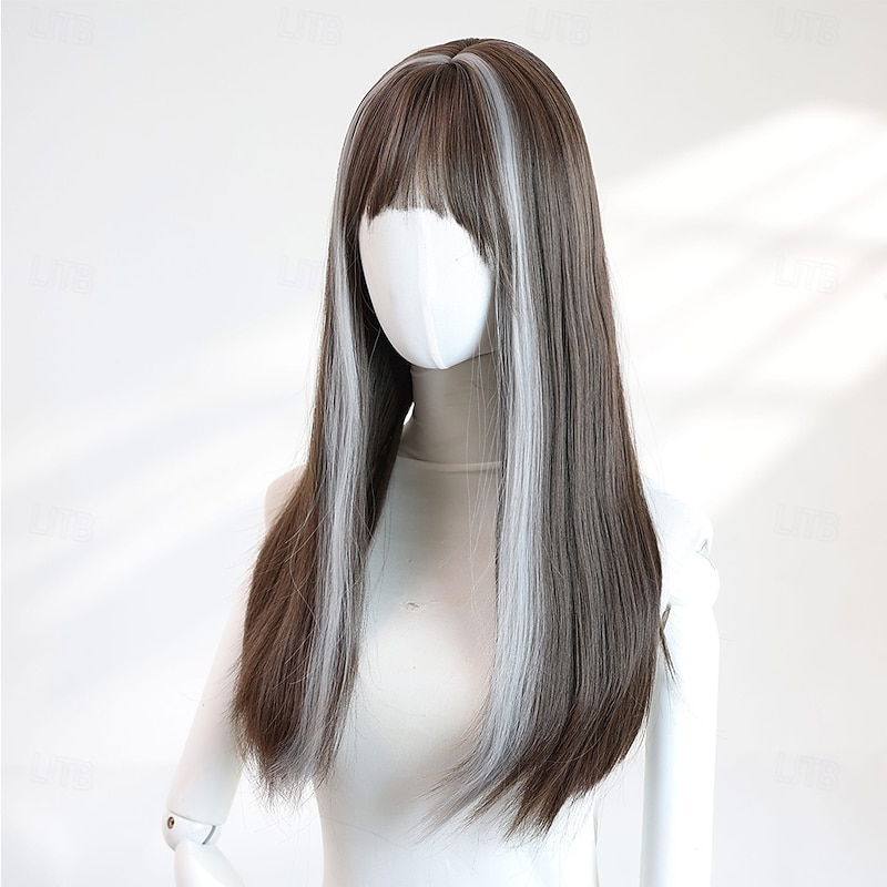 20-Inch Straight Wig for Women – Black and White Highlights, Full Bangs, High-Temperature Synthetic Fiber, Ideal for Halloween, Cosplay, and Daily Wear3