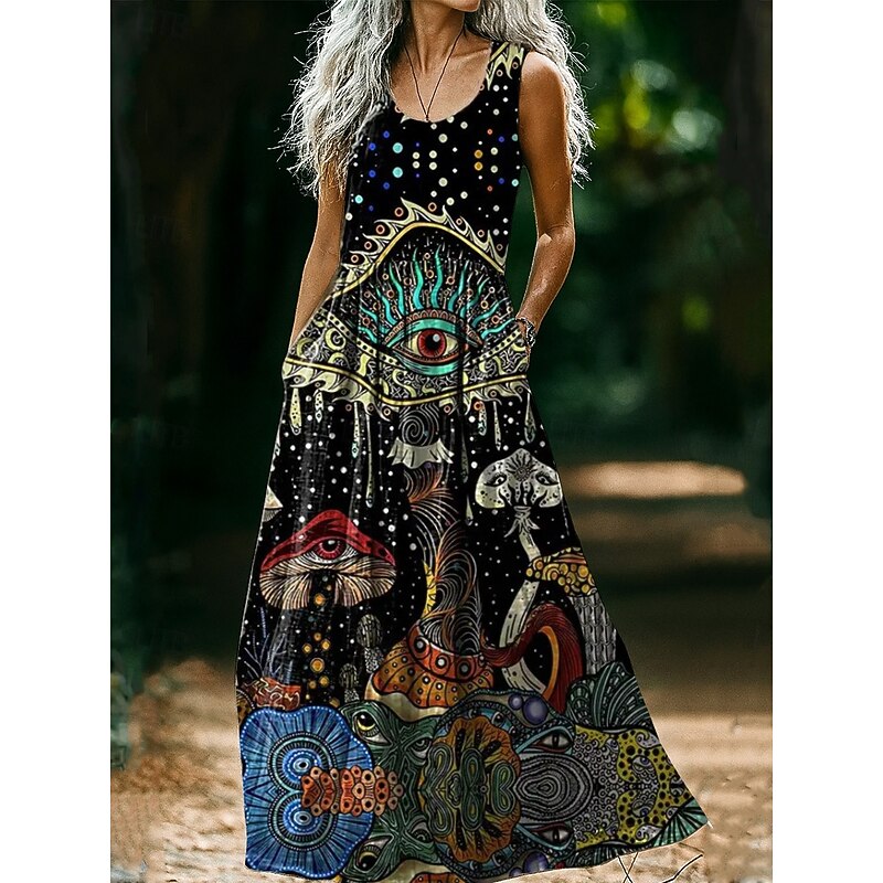 Women's  Vintage Round Neck Bohemian Ethnic Mushroom Dress Slip Dress Pleated Casual Boho Party Going out Beach Regular Fit Floral Graphic Abstract Sleeveless