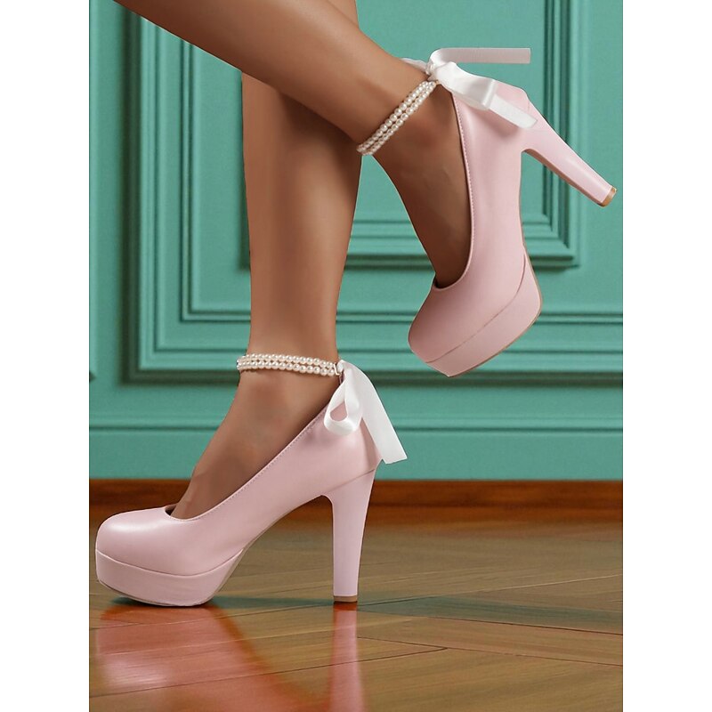 Women's 1950s Victorian-Style Pink Platform Heels - Faux Leather Pumps with Pearl Ankle Strap and Bow Ribbon for Wedding, Prom, and Vintage Tea Party2