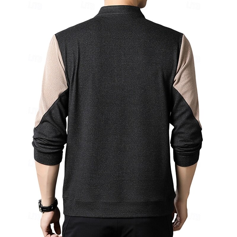 Men's Sweatshirt Long Sleeve High Neck Spring Fall Winter Daily Zip Up Patchwork Outdoor Vacation Home Black Brown khaki Top Tee for Men3