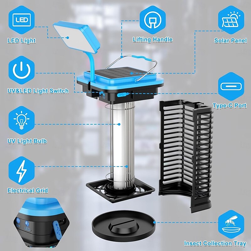 Solar Insect Killer Electric Mosquito Lamp, USB Rechargeable Insect Trap Waterproof Fly Killer 4200V Mosquito Trap UV Light Non-toxic for Indoor and Outdoor Use4