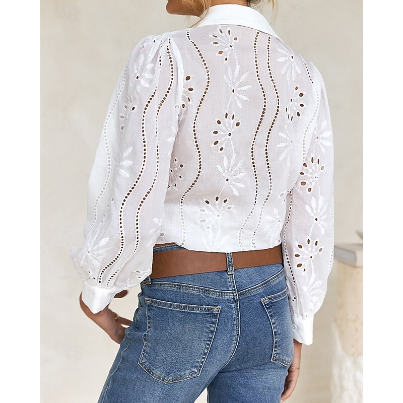 Women's Shirt Plain Daily Stylish Basic Long Sleeve Puff Sleeve Shirt Collar Regular Tops Work Daily Holiday Hollow Out Black White Blue Spring Fall4
